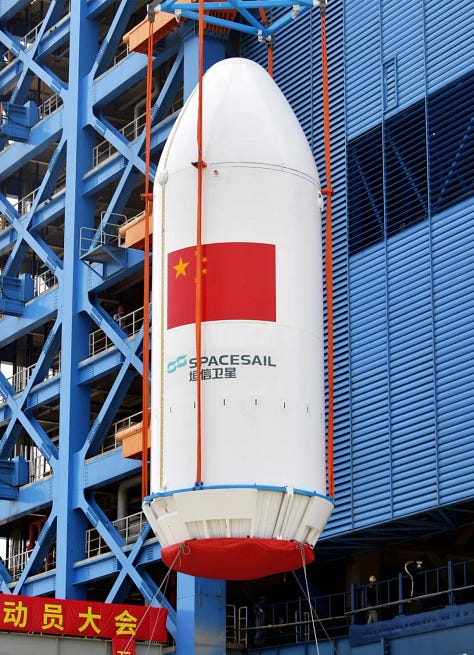 The Long March 8's first and second stages, as well as its fairing, with the satellite group inside, being prepared at Commercial Launch Pad 1 in April 2026.