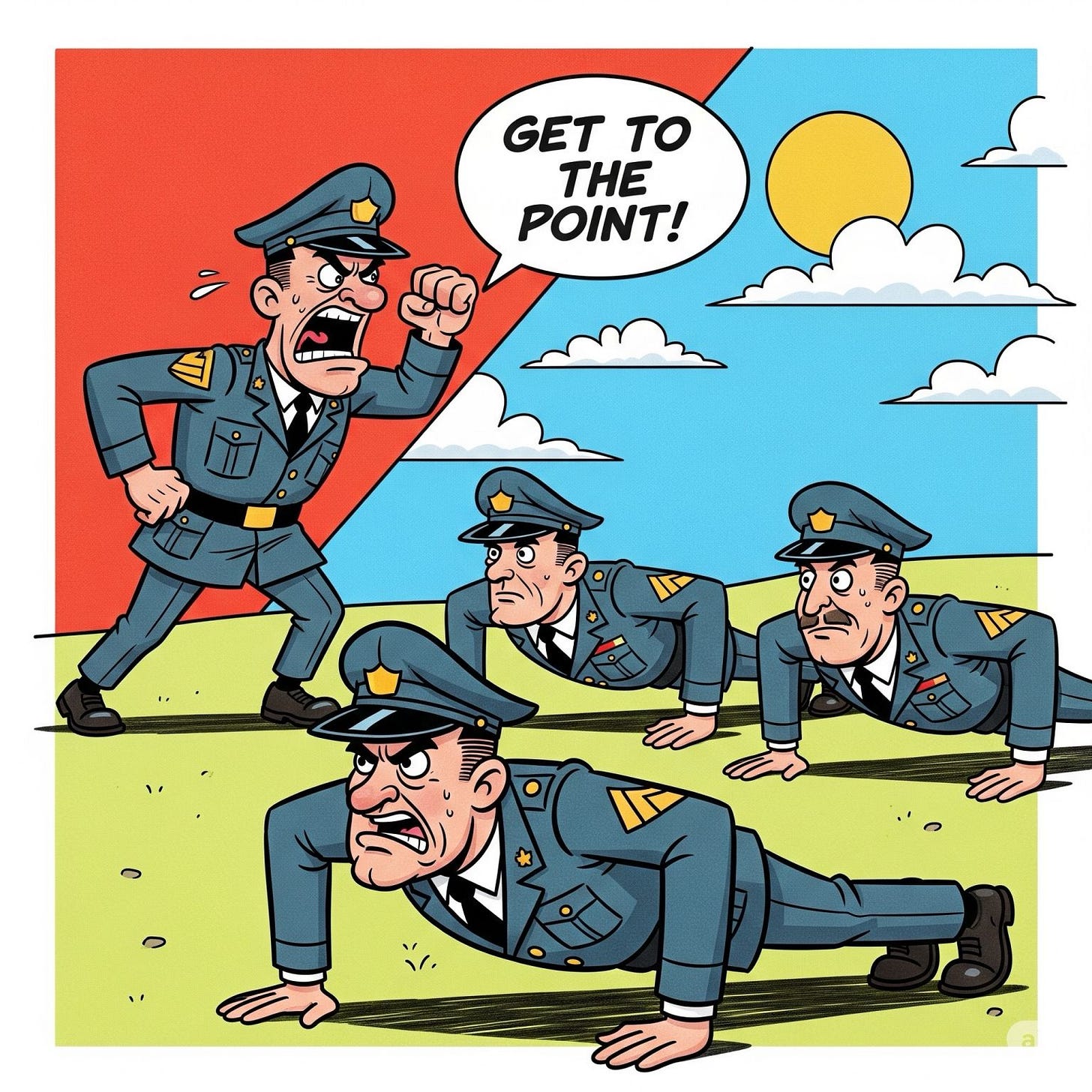 Charge em estilo cartoon de soldados fazendo flexões enquanto um sargento grita “Get to the point!”, ilustrando o conceito militar de BLUF (Bottom Line Up Front), que enfatiza a importância de começar qualquer mensagem com a informação mais relevante.