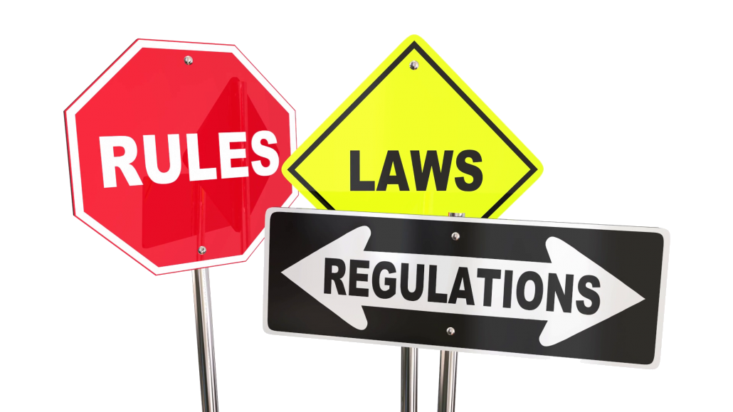 Three road signs saying rules, laws and regulations Three road signs saying rules, laws and regulations