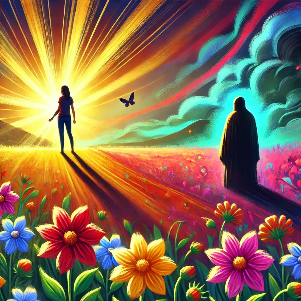 A symbolic and emotional illustration of a person standing in a vibrant field of light and flowers, representing happiness and resilience. Behind them, in the shadows, a dark, envious figure looks on, attempting to cast a shadow over the light but unable to reach it. The contrast between the bright, colorful field and the shadowy figure highlights the struggle between joy and the narcissist's attempts to sabotage it. The atmosphere is hopeful and triumphant, symbolizing the reclaiming of happiness.