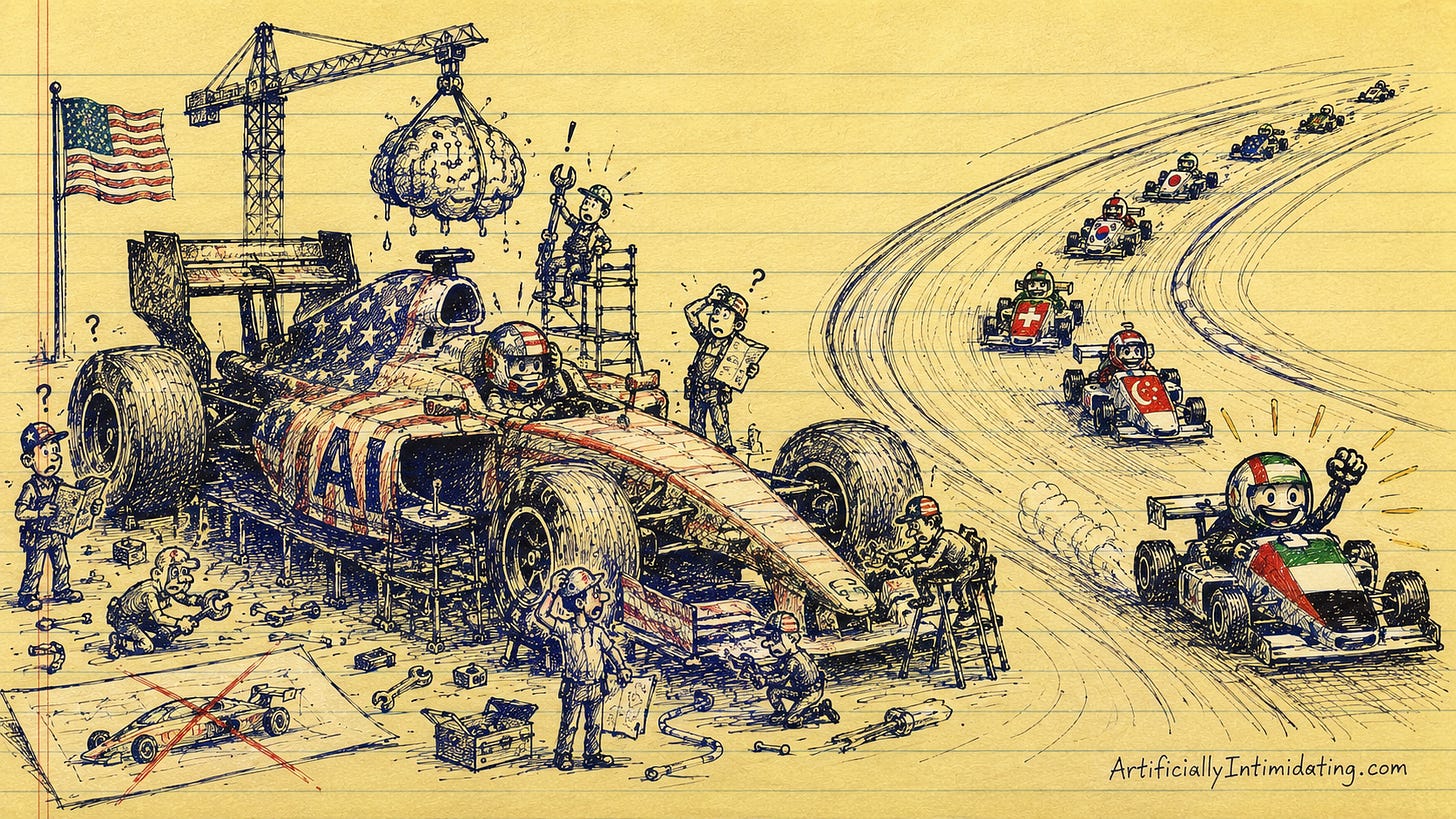 Hand-drawn editorial sketch on yellow legal-pad paper showing a giant unfinished American AI race car stuck in the pit while smaller international cars speed ahead on the track, led by the UAE. Confused mechanics scramble around the oversized US car as the other countries race past. Hand-drawn editorial sketch on yellow legal-pad paper showing a giant unfinished American AI race car stuck in the pit while smaller international cars speed ahead on the track, led by the UAE. Confused mechanics scramble around the oversized US car as the other countries race past.