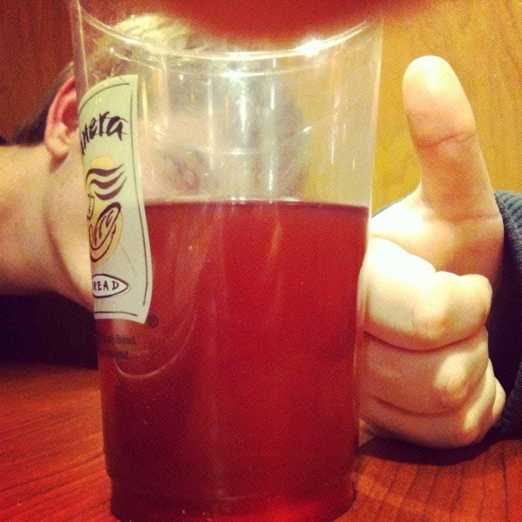 a typical dinner: mixing up weird things at Panera and daring each other to drink it