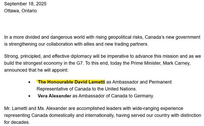 A document dated September 18, 2025, from Ottawa, Ontario. Text includes the name David Lametti as Ambassador and Permanent Representative of Canada to the United Nations. Additional text mentions Vera Alexander as Ambassador of Canada to Germany. The text is formatted in a formal letter style with bullet points.