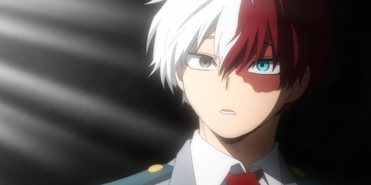 Shoto Todoroki looks at something in a gray zone.