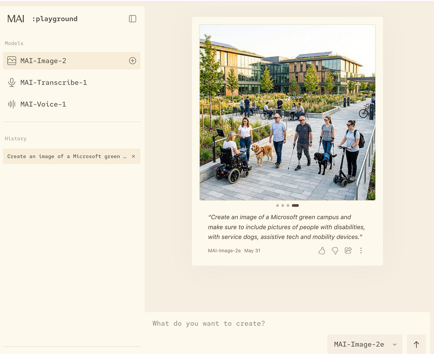 Screenshot of the MAI Playground interface showing a prompt requesting a Microsoft green campus image with people with disabilities, alongside the resulting AI-generated image depicting people using wheelchairs, mobility scooters, canes, and service dogs on a modern campus. Screenshot of the MAI Playground interface showing a prompt requesting a Microsoft green campus image with people with disabilities, alongside the resulting AI-generated image depicting people using wheelchairs, mobility scooters, canes, and service dogs on a modern campus.
