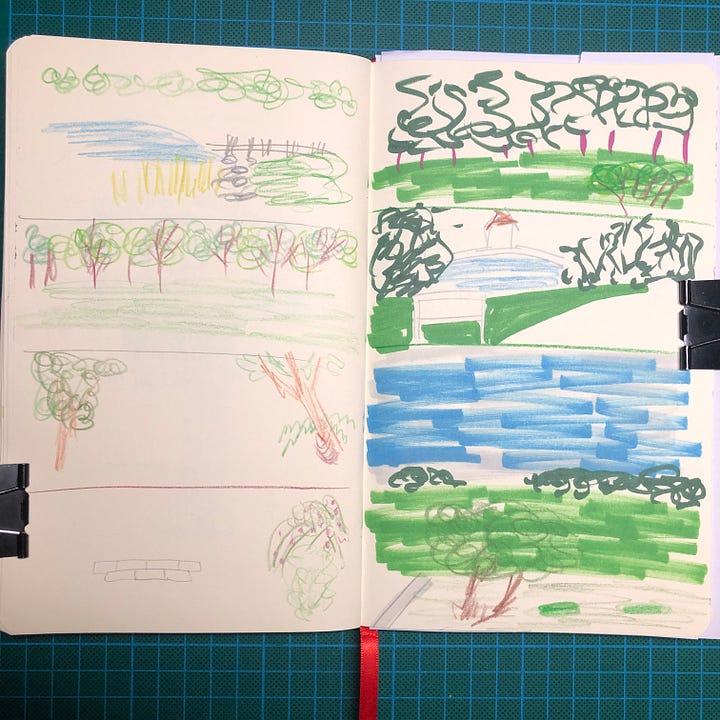 Photos de deux doubles-pages de mon sketchbook où l'on voit mon autoportrait réalisé au stylo-plume et feutres et 10 croquis de paysages réalisés en une minutes au crayon graphite, marqueurs et crayons de couleurs.