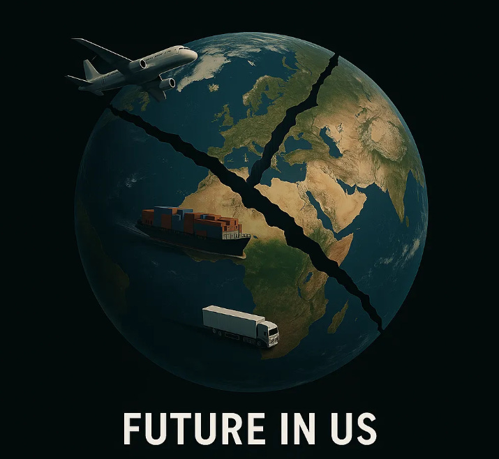 Digital illustration of a cracked Earth with deep fissures crossing continents. A cargo ship, truck, and airplane travel across the globe, symbolizing global trade. The text “FUTURE IN US” appears below the planet.