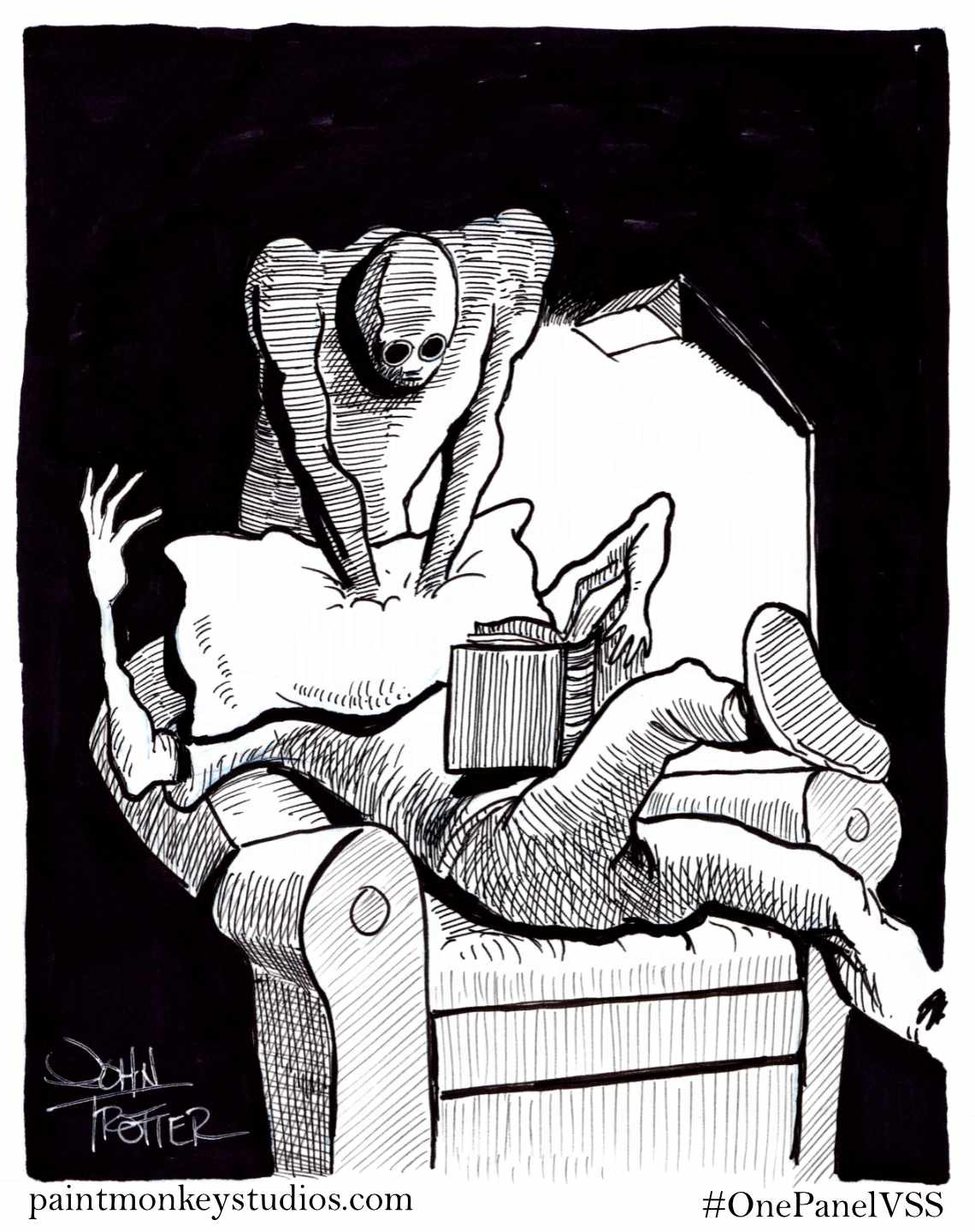 Ink drawing of a figure holding a pillow down hard on the face of someone reading in an armchair.