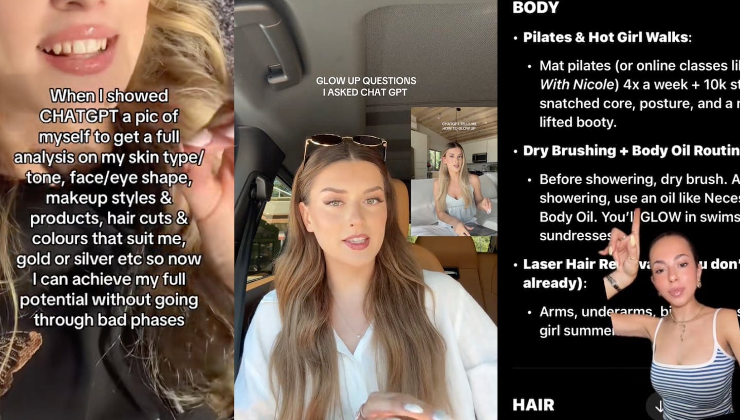 Screenshots showing TikTok influencers adopting the "ChatGPT Glow-Up" trend, asking the AI platform to plan their beauty routines.