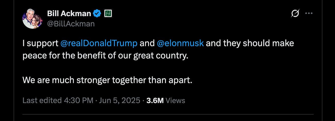 I support  @realDonaldTrump  and  @elonmusk  and they should make peace for the benefit of our great country.   We are much stronger together than apart.
