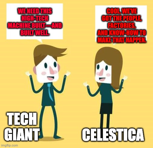 Cartoon meme of tech giant and Celestica (CLS) discussing building high-tech machines – illustrates CLS’s role as a key AI infrastructure partner in stock investing deep dive. Cartoon meme of tech giant and Celestica (CLS) discussing building high-tech machines – illustrates CLS’s role as a key AI infrastructure partner in stock investing deep dive.