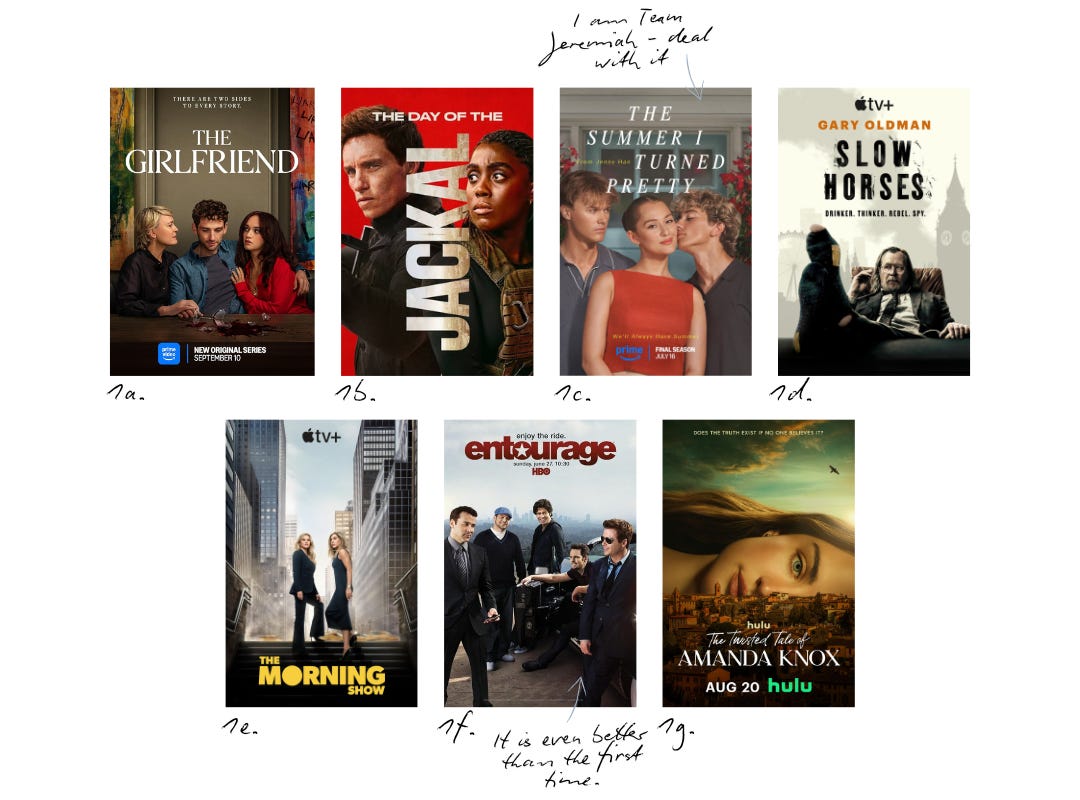 Streaming and TV recommendations collage featuring The Morning Show, Slow Horses, The Girlfriend, Entourage, Amanda Knox.