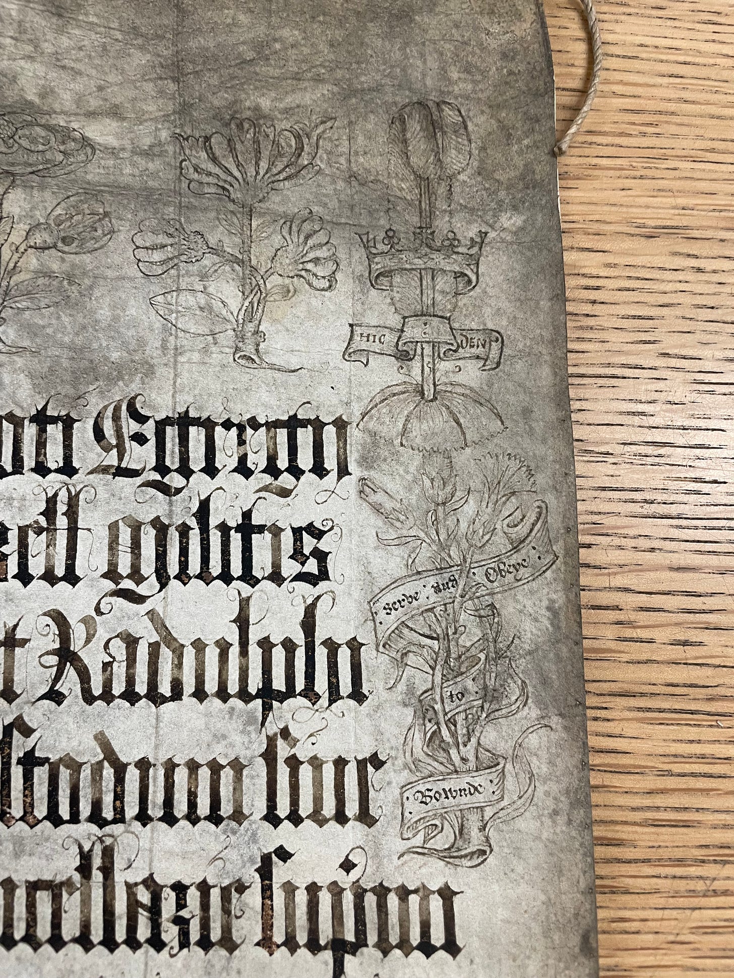 Jane Seymour’s motto - Bound to serve and obey - surrounded by flowers, feathers, and a crown, is rendered in silverpoint on a vellum document. Jane Seymour’s motto - Bound to serve and obey - surrounded by flowers, feathers, and a crown, is rendered in silverpoint on a vellum document.