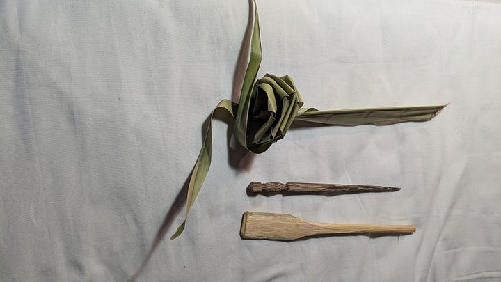 Left: Pritam performing his daily morning yoga from a tree vine; Right: wooden spoon, palm leaf flower and a hair pin from Luciano. Enough to make a girl swoon