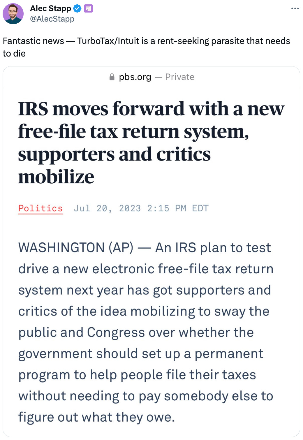 Alec Stapp @AlecStapp Fantastic news — TurboTax/Intuit is a rent-seeking parasite that needs to die Alec Stapp @AlecStapp Fantastic news — TurboTax/Intuit is a rent-seeking parasite that needs to die