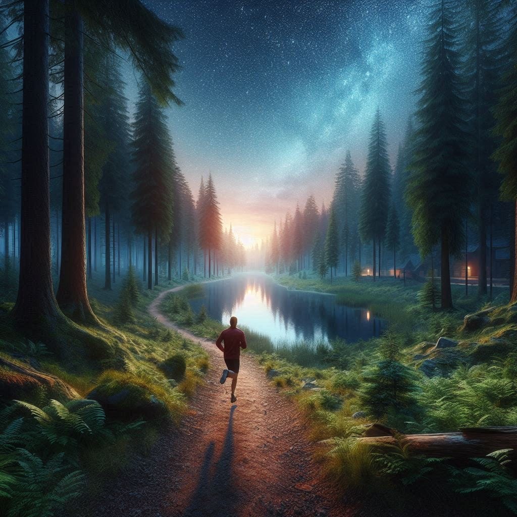 f running along a serene forest trail surrounded by towering trees, with a tranquil lake reflecting the soft glow of a starry night. The image captures the spirit of renewal, determination, and connection to nature as we move forward into the new year with hope and purpose.