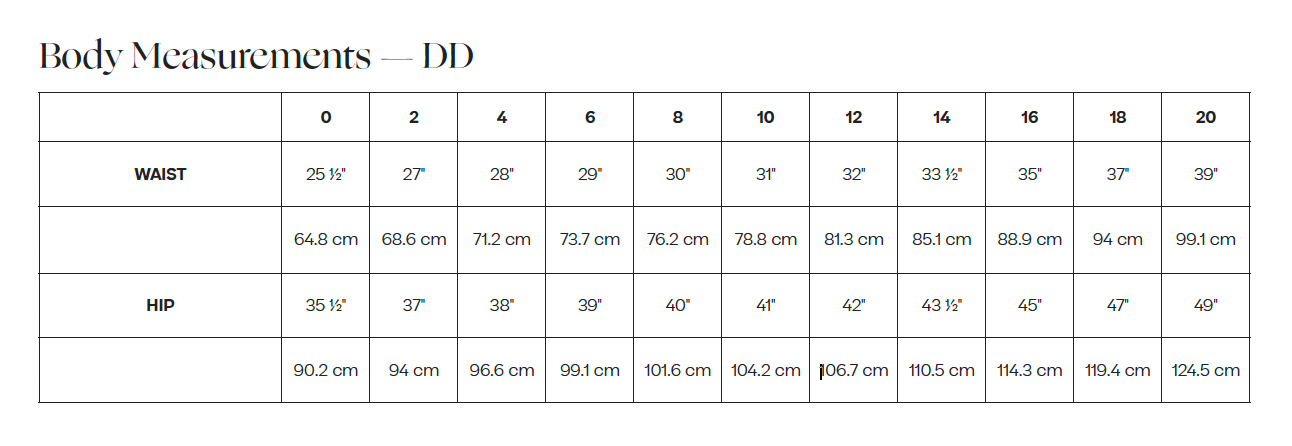Daughter Judy Coe size chart DD