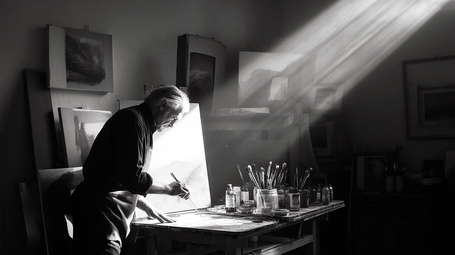 A realistic image of an artist in a serene studio, brush in hand, pausing thoughtfully before a half-finished painting as sunlight filters through the window.