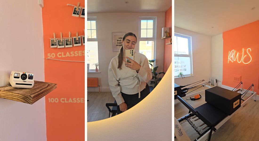 Three pictures of an orange and white pilates studio - one of a camera on a shelf, one of Eve Smallman smiling into the mirror, and one of a neon RWS sign and a pilates carriage