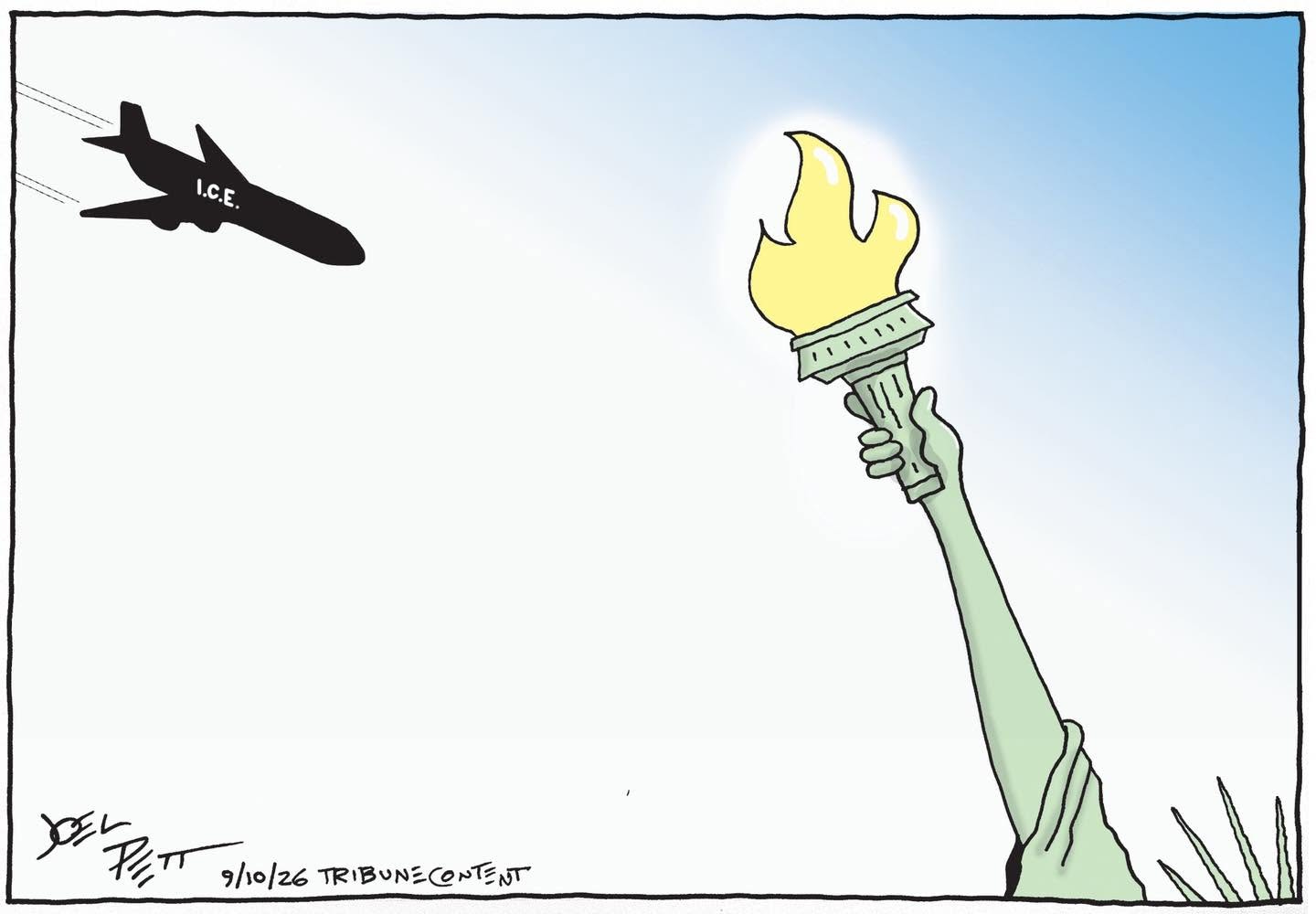 May be a doodle of blimp, the Statue of Liberty and text that says '۱ I.C.E. 또 PET PT 9/10/26 TRIBUNECONENT'