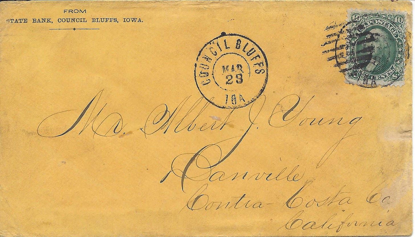 1860s envelope mailed from Iowa to California