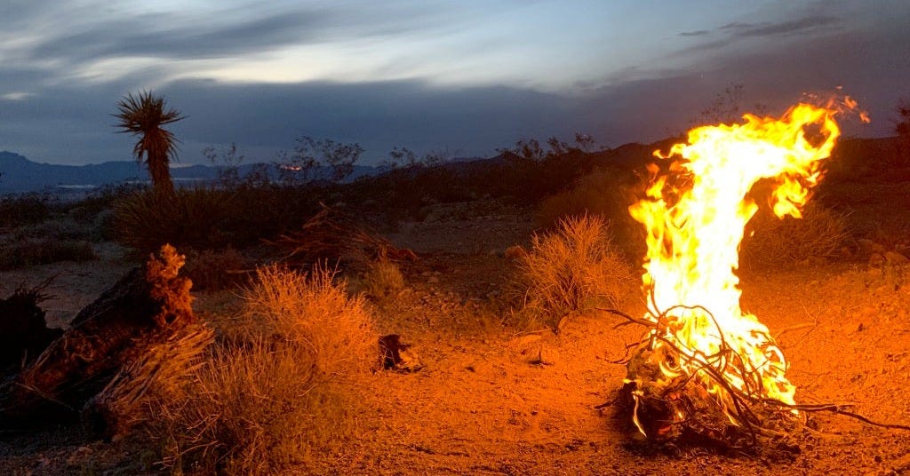 A lone desert fire blazes at dusk, consuming dry branches against a barren landscape—an intentional act of purification and sacrifice under open sky.