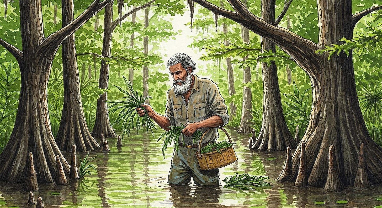 Cajun faith healer gathering herbs in bayou.