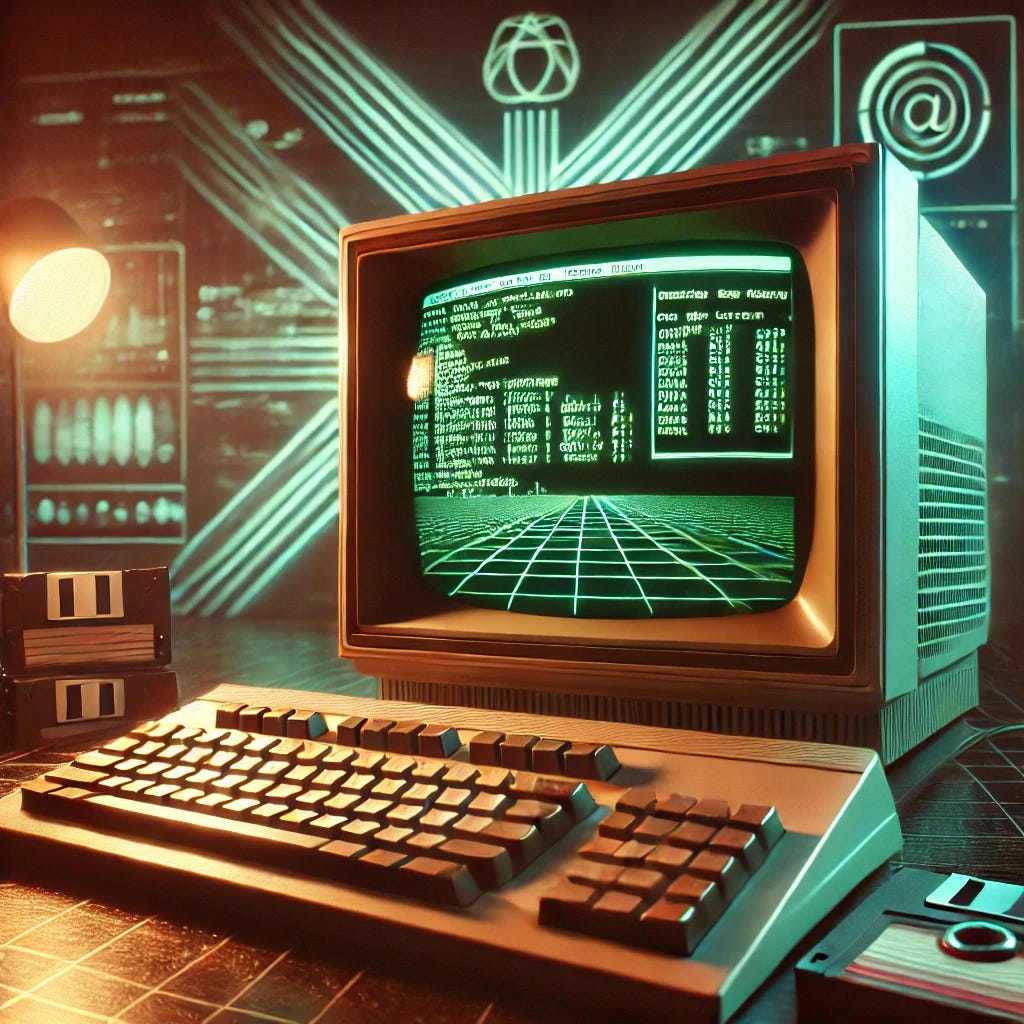 An artistic image of an old vintage computer setup with a CRT monitor displaying a command line terminal. The computer is in a dimly lit room with dramatic lighting that highlights the retro design. The background has a futuristic, tech-inspired look with neon lights and subtle digital elements, creating a blend of retro and modern technology. The monitor glows with soft green terminal text, and the desk has retro items like floppy disks, adding to the nostalgic yet high-tech atmosphere.