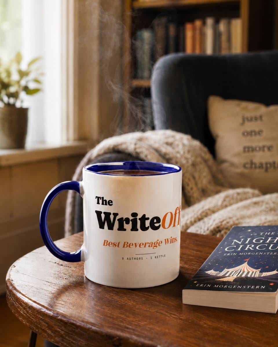 The WriteOff mug — Best Beverage Wins — steaming on a side table beside a book