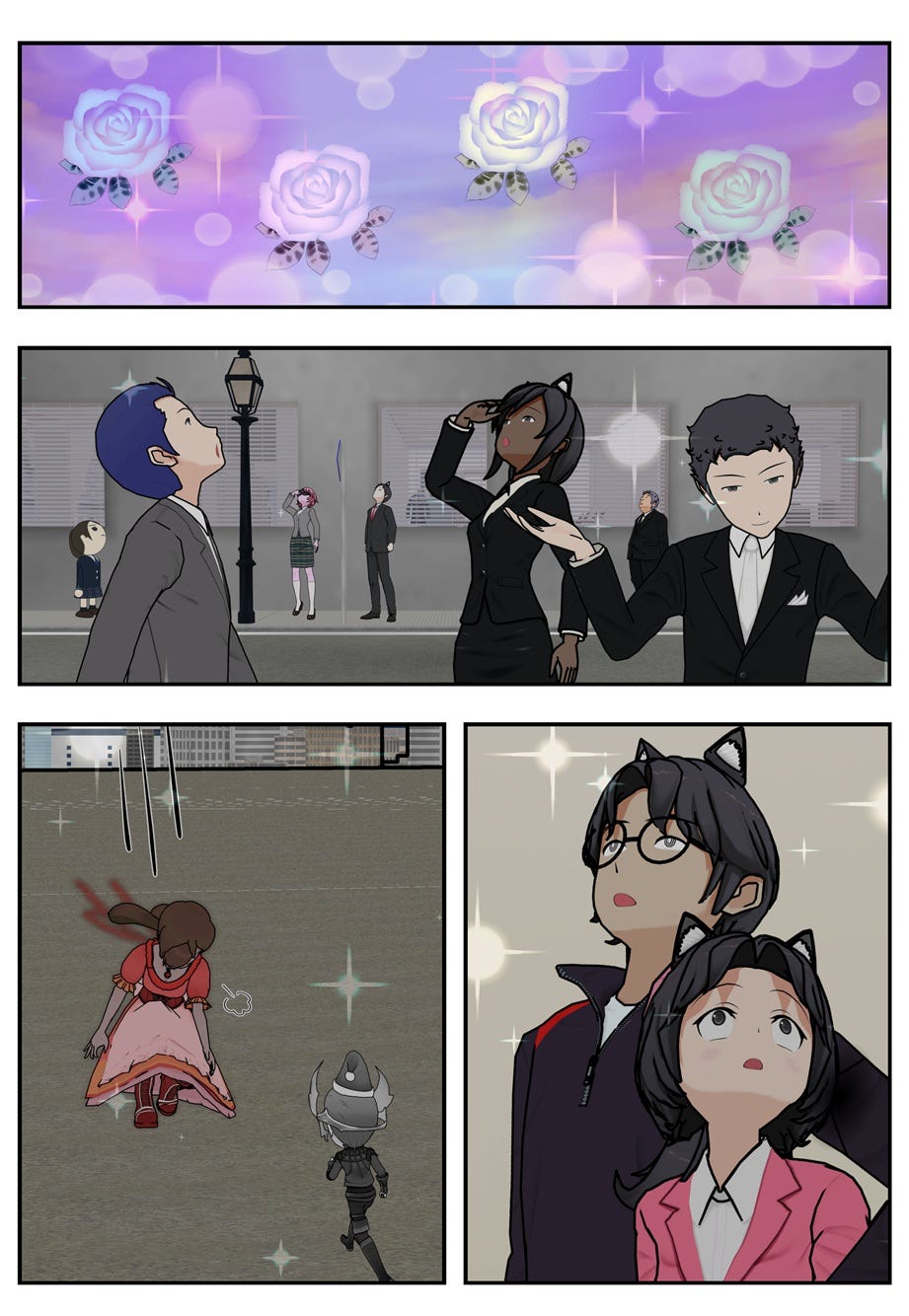 Excalibur City denizens witness the surreal sight and shrug as sparkles fall. Mouse meets Jackie as she lands on the ground. Ruff and Rae look up.