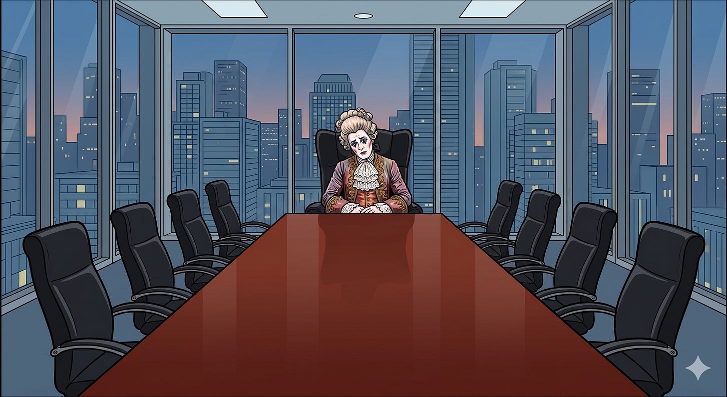 A cartoon illustration looking down a long, highly-polished mahogany conference table in a modern corporate boardroom. At the head of the table sits a single figure: a man in elaborate 18th-century period costume with a large powdered wig, a lace jabot, and heavy white stage makeup with red rouge. He has a melancholic, pensive expression with clasped hands. Behind him, massive floor-to-ceiling glass windows look out over a detailed, dense, modern city skyline at dusk with twinkling lights and a soft purple and blue gradient sky. Eight empty black ergonomic executive office chairs are perfectly lined up, four on each side, leading toward the central figure. The art style is clean line art with graphic, bold color blocks and a contemplative, quiet atmosphere. A cartoon illustration looking down a long, highly-polished mahogany conference table in a modern corporate boardroom. At the head of the table sits a single figure: a man in elaborate 18th-century period costume with a large powdered wig, a lace jabot, and heavy white stage makeup with red rouge. He has a melancholic, pensive expression with clasped hands. Behind him, massive floor-to-ceiling glass windows look out over a detailed, dense, modern city skyline at dusk with twinkling lights and a soft purple and blue gradient sky. Eight empty black ergonomic executive office chairs are perfectly lined up, four on each side, leading toward the central figure. The art style is clean line art with graphic, bold color blocks and a contemplative, quiet atmosphere.