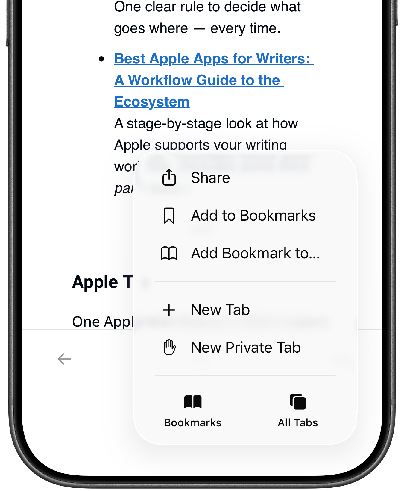 Sharing option in Safari on iPhone 16 Pro