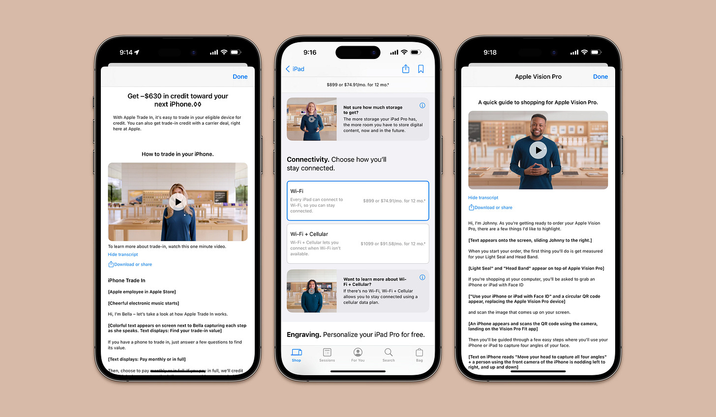 Three screenshots of the Apple Store app on an iPhone, showing various videos available during iPhone, iPad, and Apple Vision Pro purchase flows.