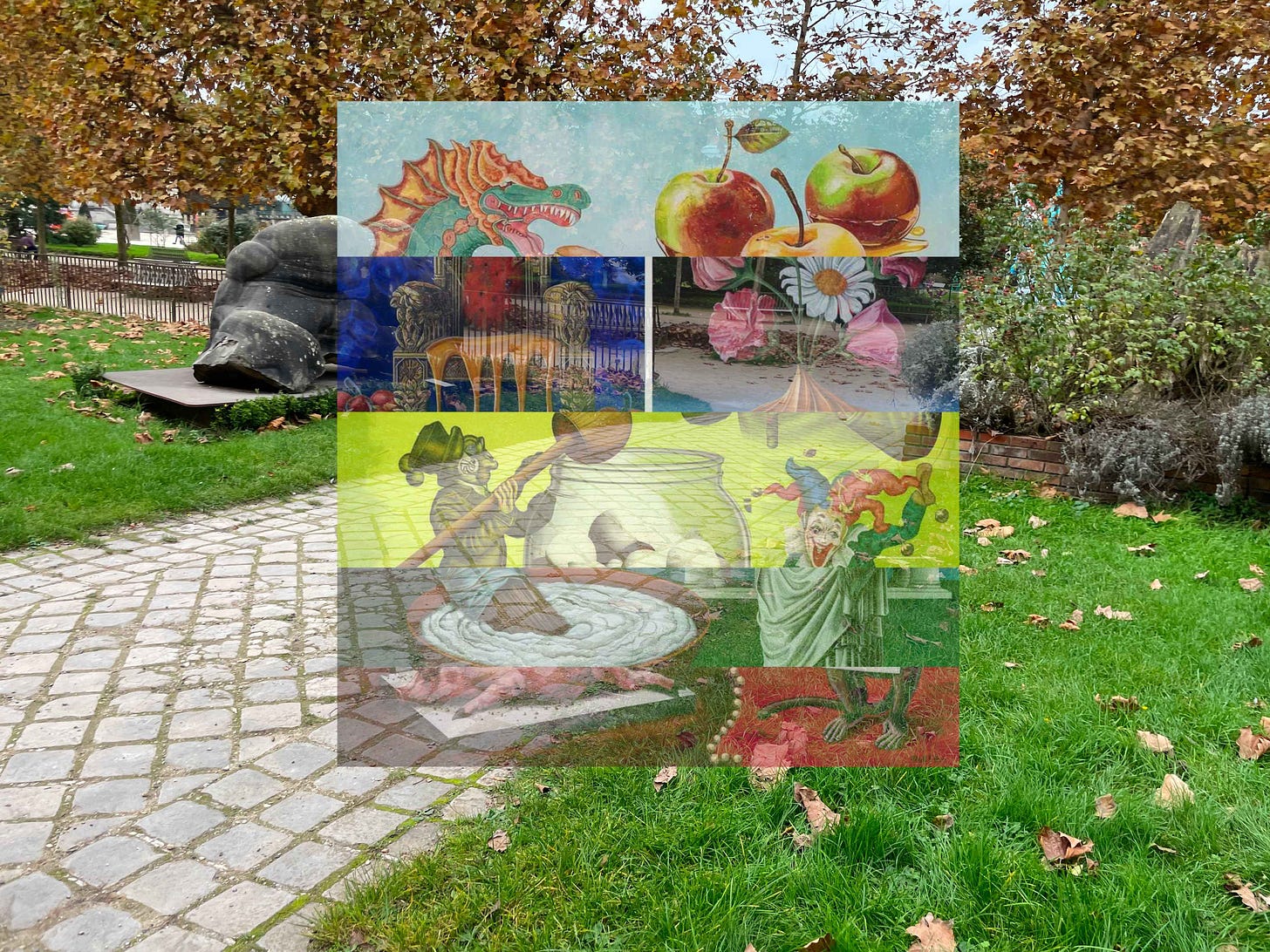 Five-scene strip collage (“lasagna”) overlaid on a single station of my memory palace.