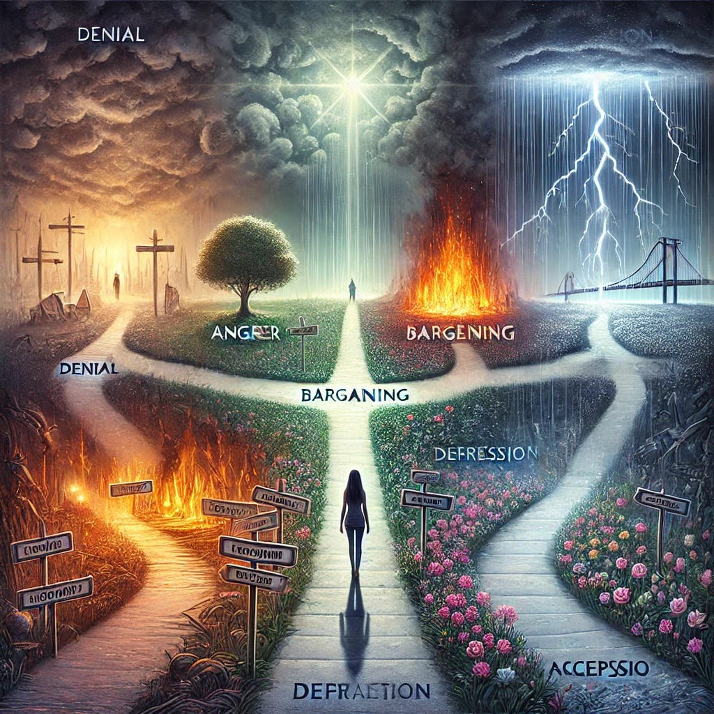 A symbolic and emotional image representing the five stages of grief after narcissistic abuse. The scene shows a pathway divided into five distinct sections, each representing one stage: Denial (a foggy, unclear beginning), Anger (a stormy area with lightning and fire), Bargaining (a crossroads with flickering lights and broken signs), Depression (a dark, rainy section with a lone figure sitting on the ground), and Acceptance (a bright, serene landscape with blooming flowers and sunlight at the end). The pathway has a single figure walking through these stages, transitioning from darkness to light.
