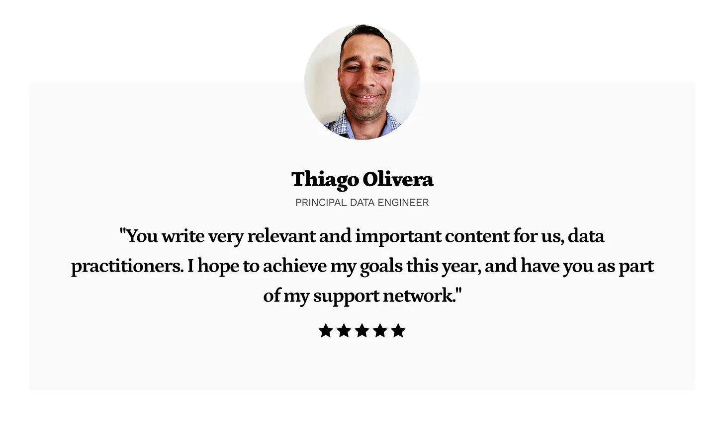I supported your work because I feel that your content fills the gap between business value and technical skills and knowledge required to be a good data engineer which is something that I always look for and is not easy to find.