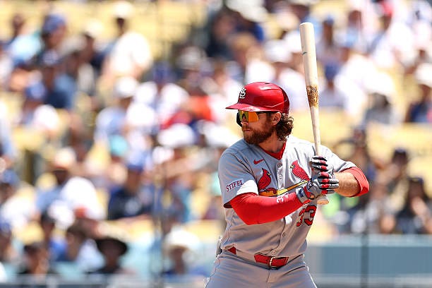 Brendan Donovan of the St. Louis Cardinals at bat against the Los Angeles Dodgers at Dodger Stadium on August 06, 2025 in Los Angeles, California.
