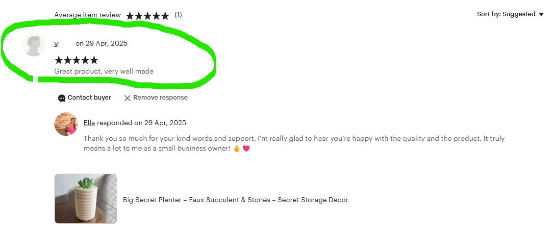 First 5-star review, screenshot taken by author, 27/05/2025