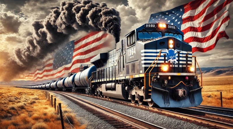 ChatGPT generated anoramic image of a diesel burning locomotive pulling oil and coal cars with American flags on the side ChatGPT generated anoramic image of a diesel burning locomotive pulling oil and coal cars with American flags on the side
