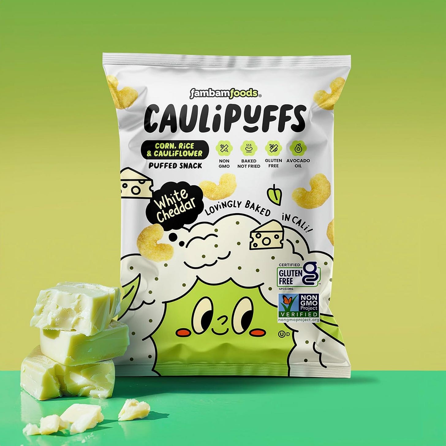 a bag of CauliPuffs - Corn, Rice, and Cauliflower Gluten Free Puffed Snack on a green background a bag of CauliPuffs - Corn, Rice, and Cauliflower Gluten Free Puffed Snack on a green background