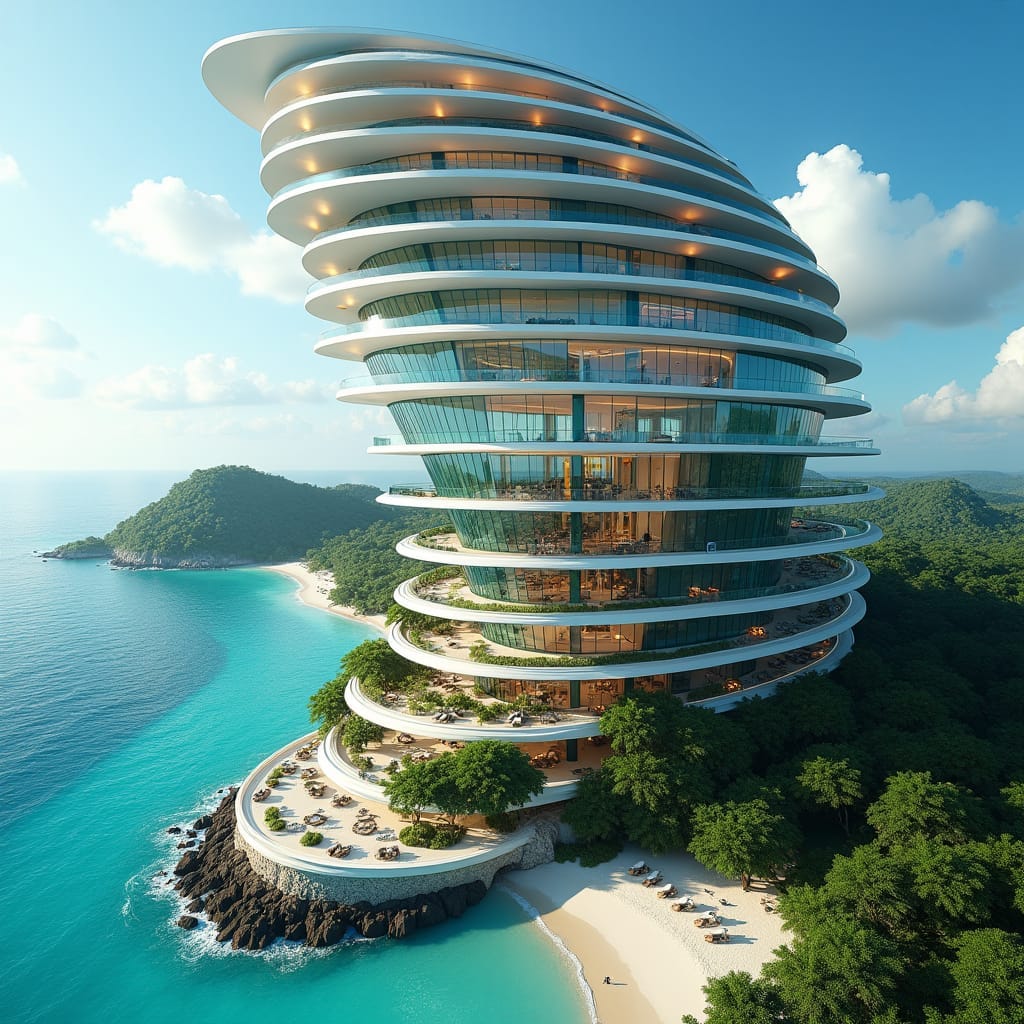A majestic, spiral-shaped commercial building, reminiscent of a giant seashell, rises organically from Jamaica's coastline, its curves twisting and narrowing towards the top. The exterior's glass walls glimmer, reflecting the turquoise ocean and cerulean sky, as the interior spirals upward, centered around a lush atrium filled with vibrant tropical plants. Office and retail spaces line the outer shell, offering breathtaking views of the sea. Rooftop terraces at each level create a series of suspended outdoor lounges, cantilevered above the beach.