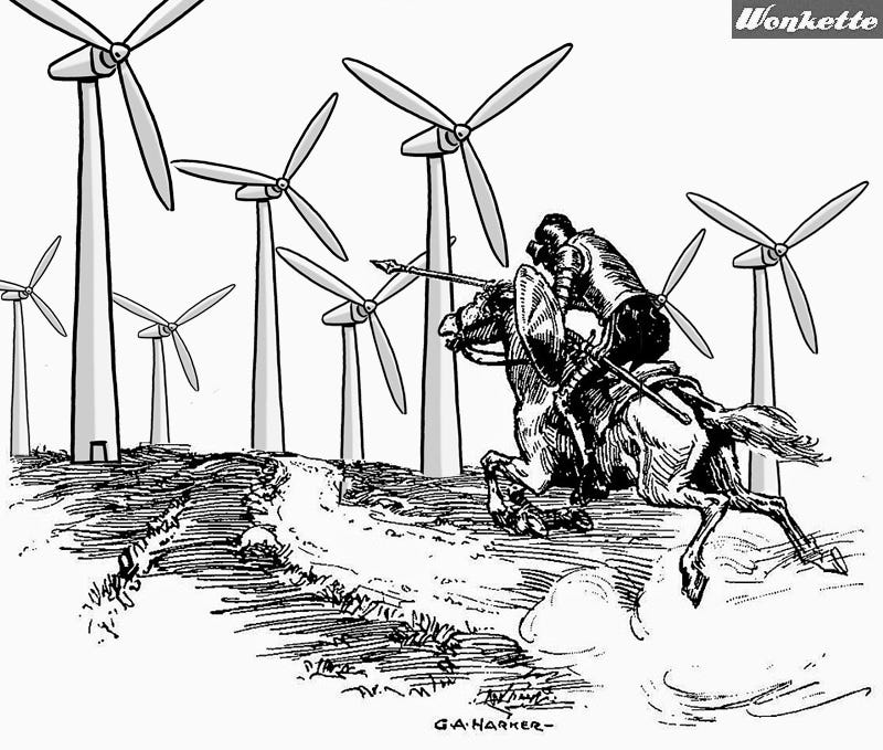 Public Domain line drawing of Don Quixote charging a windmill, with the windmill removed and a group of modern wind turbines replacing it Public Domain line drawing of Don Quixote charging a windmill, with the windmill removed and a group of modern wind turbines replacing it