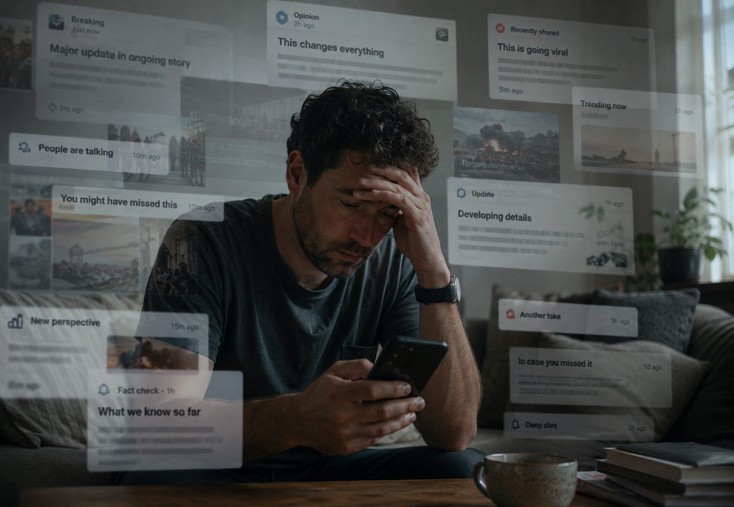 Un bărbat obosit privește telefonul, înconjurat de notificări și fluxuri de informații suprapuse, sugerând presiunea constantă de a verifica ce este adevărat în epoca AI. Un bărbat obosit privește telefonul, înconjurat de notificări și fluxuri de informații suprapuse, sugerând presiunea constantă de a verifica ce este adevărat în epoca AI.