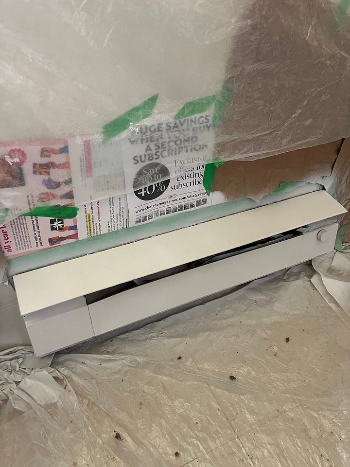 An electric baseboard heater. In the image on the left, it is rusty and yellowed, in the one on the right it is a crisp white. 