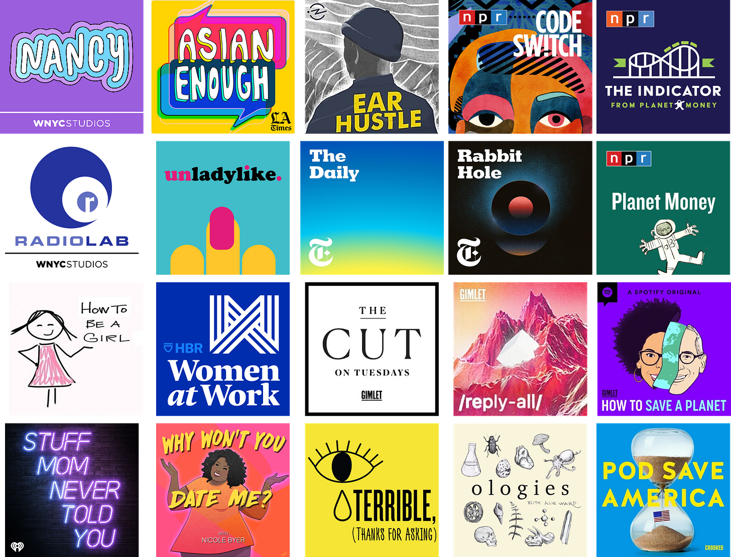 My collage of podcasts that I suggest listening to grouped generally in categories exploring LGBTQ+, Asian Americans, Race, Economics, the Internet, Politics, News, Feminism, and Tragedy. I tried to group the podcasts by topic and media momma compan…