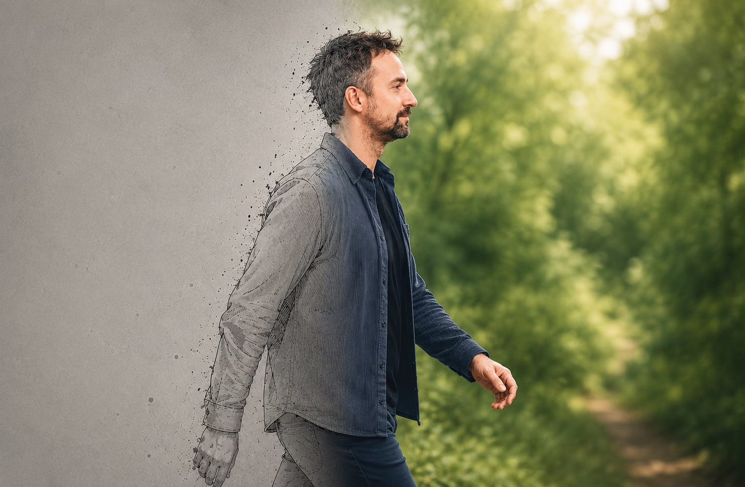 A man seen from the side walking from a grey desaturated world into full natural color, representing the shift from performing for others to living authentically A man seen from the side walking from a grey desaturated world into full natural color, representing the shift from performing for others to living authentically