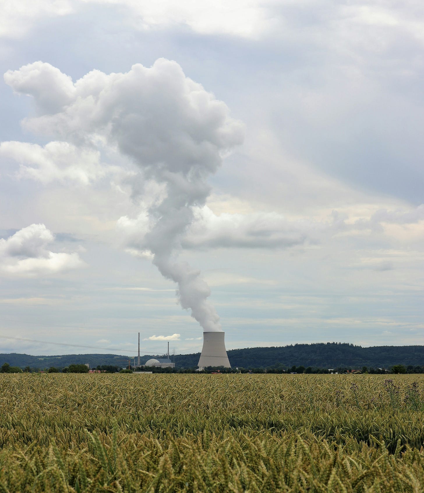 Steam billows out of a large concrete cooling tower. There are crops in the foreground.