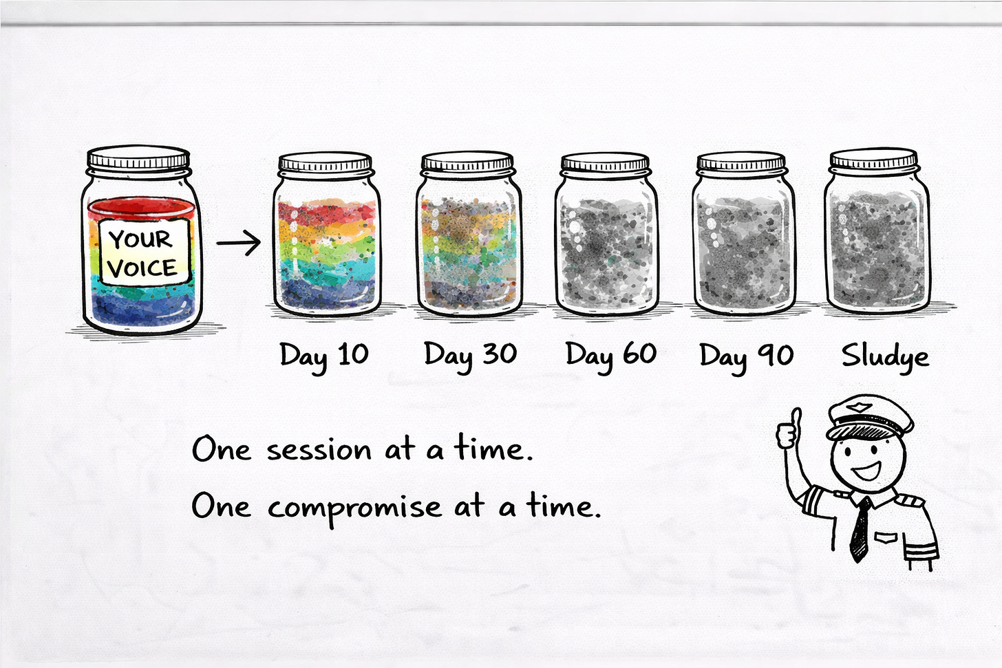 Whiteboard comparison of two writing portfolios after 90 days, showing distinct creative output with AI setup versus generic content without preparation.