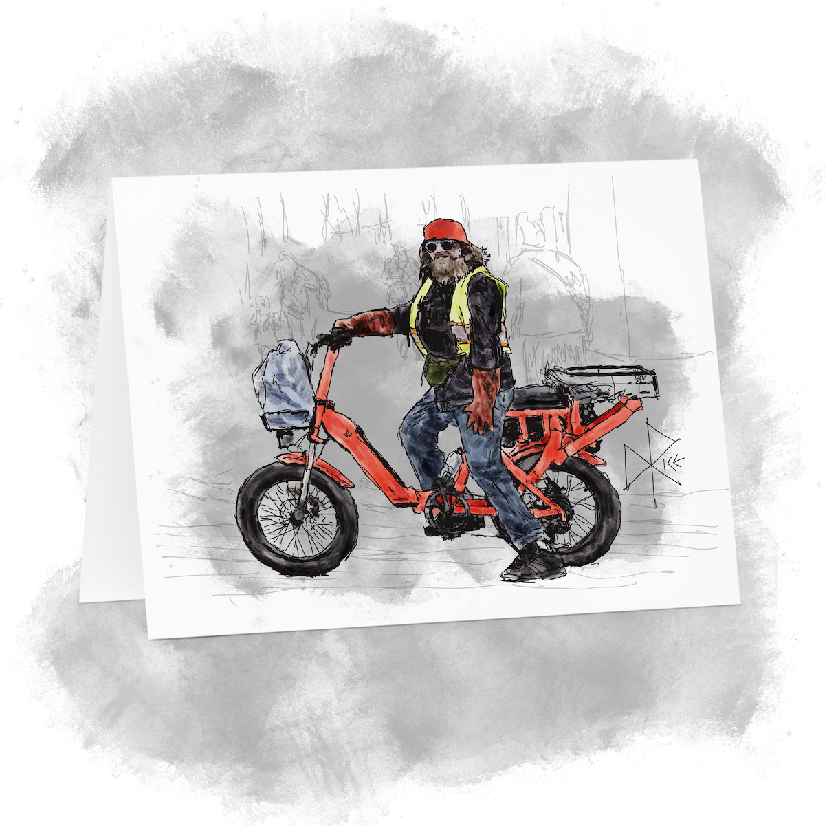 A bearded man waits for the light to change, while seated on a moped-style electric bike. Sketch art by Don Rice.