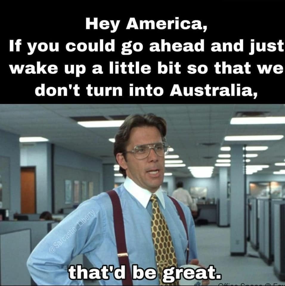 May be an image of 1 person and text that says 'Hey America, If you could go ahead and just wake up a little bit so that we don't turn into Australia, @Sarcastic_Liberty w that'd be great.'